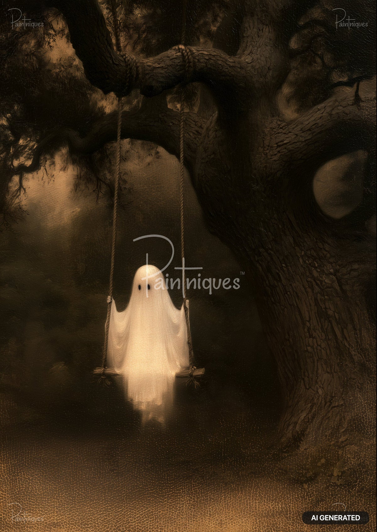 A white ghost with two black eye holes sits on a rope swing, hanging from a thick, dark tree branch. Brown, textured background.