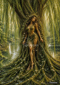 A woman emerging from a willow tree, her body covered in vines and small white flowers. A river is behind her.