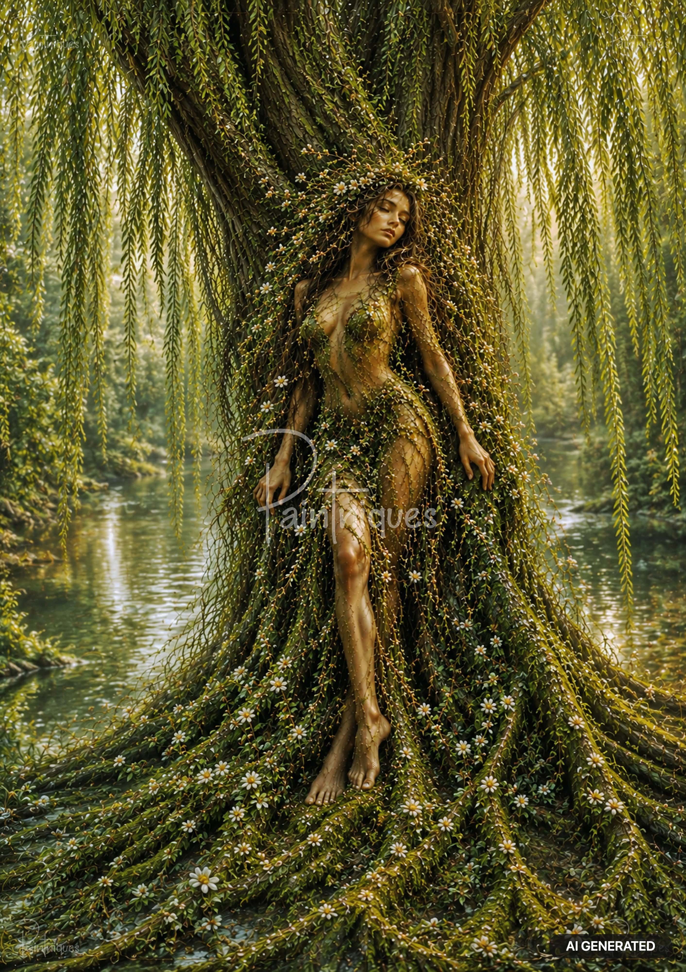 A woman emerging from a willow tree, her body covered in vines and small white flowers. A river is behind her.