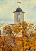 Painting of a church steeple with a dark domed roof and weathervane, peeking through bare trees with golden-orange leaves.