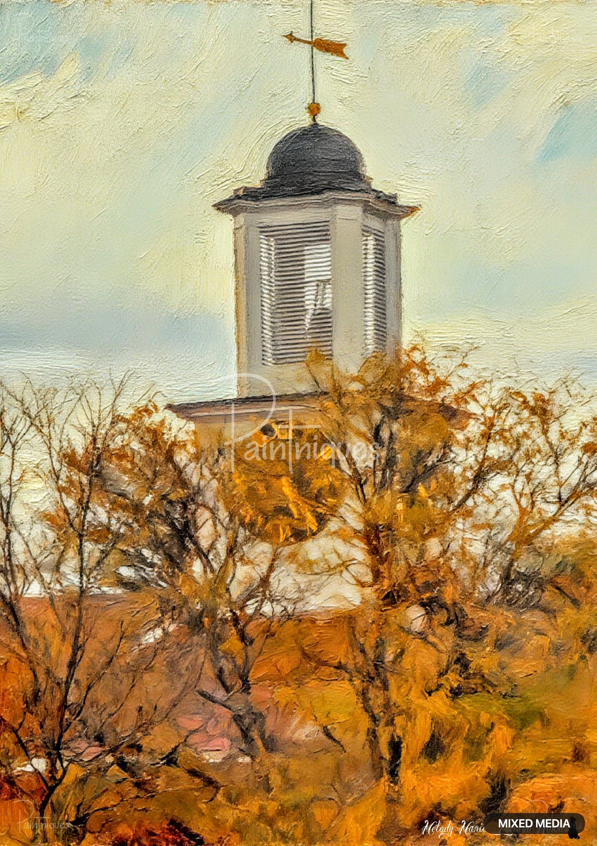 Painting of a church steeple with a dark domed roof and weathervane, peeking through bare trees with golden-orange leaves.