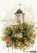 Watercolor painting of a light-colored cupola with a dark dome and weathervane, peeking through green and brown trees.