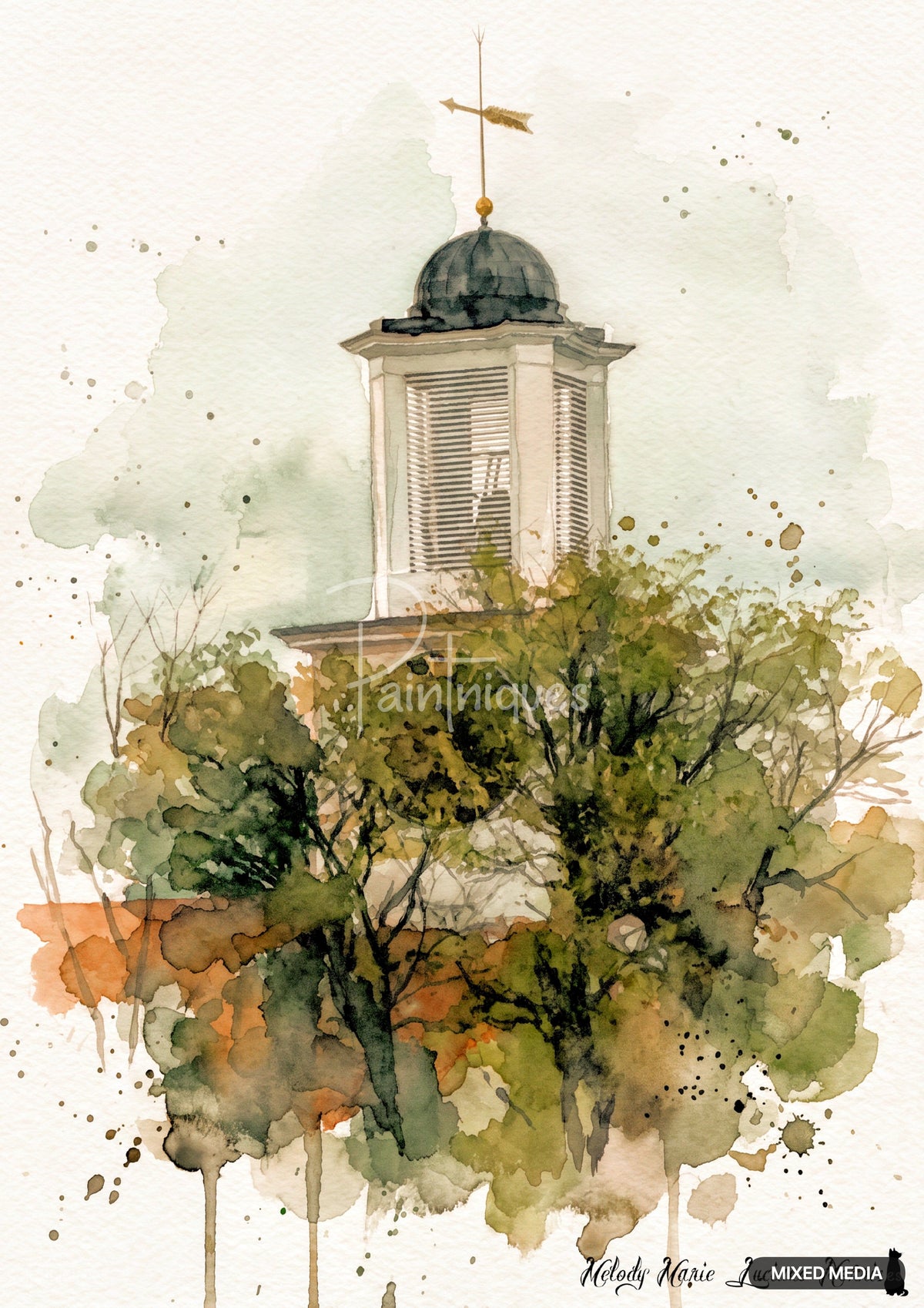 Watercolor painting of a light-colored cupola with a dark dome and weathervane, peeking through green and brown trees.