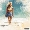 An abstract painting of a woman in a bra and skirt with an open button-up, walking along a beach.