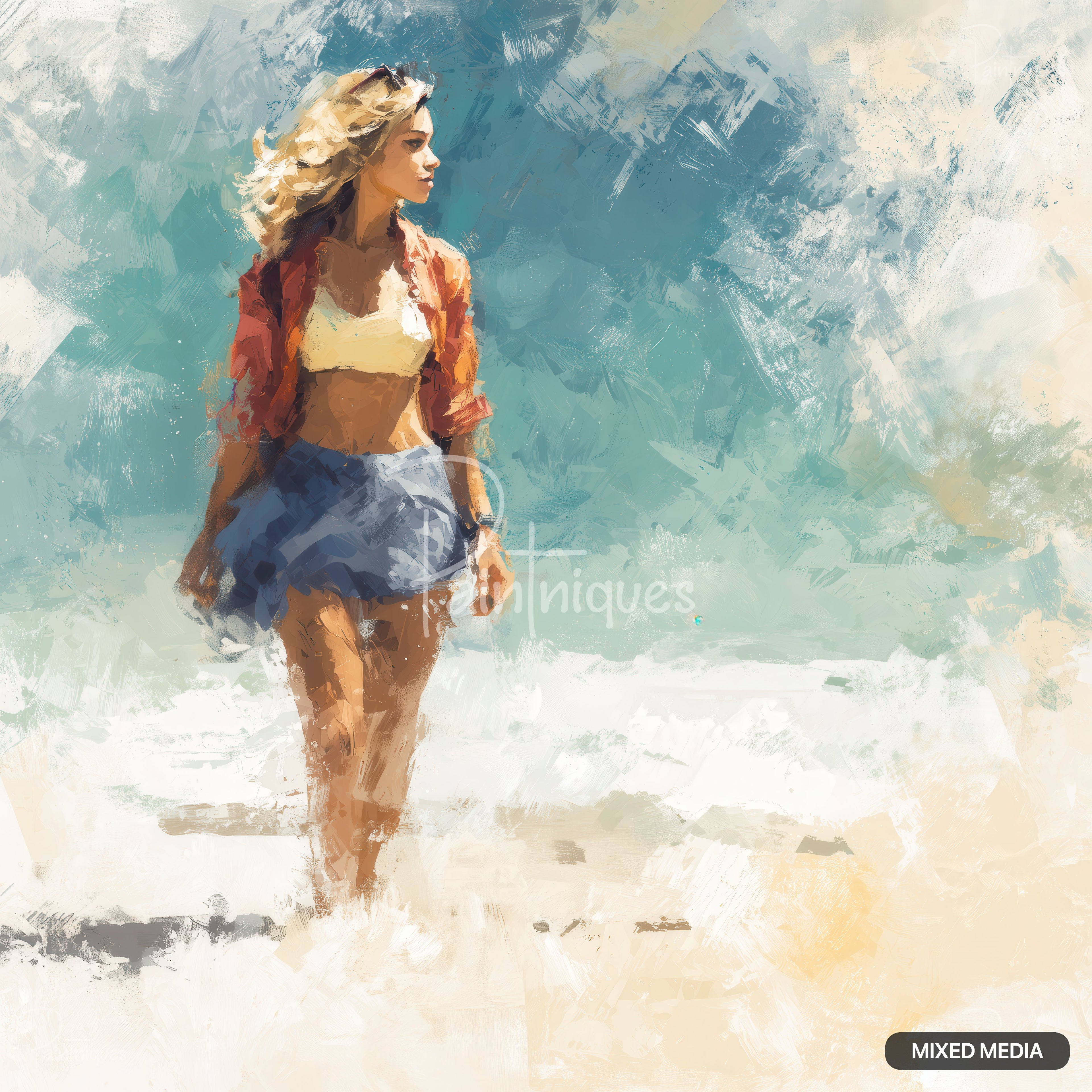 An abstract painting of a woman in a bra and skirt with an open button-up, walking along a beach.