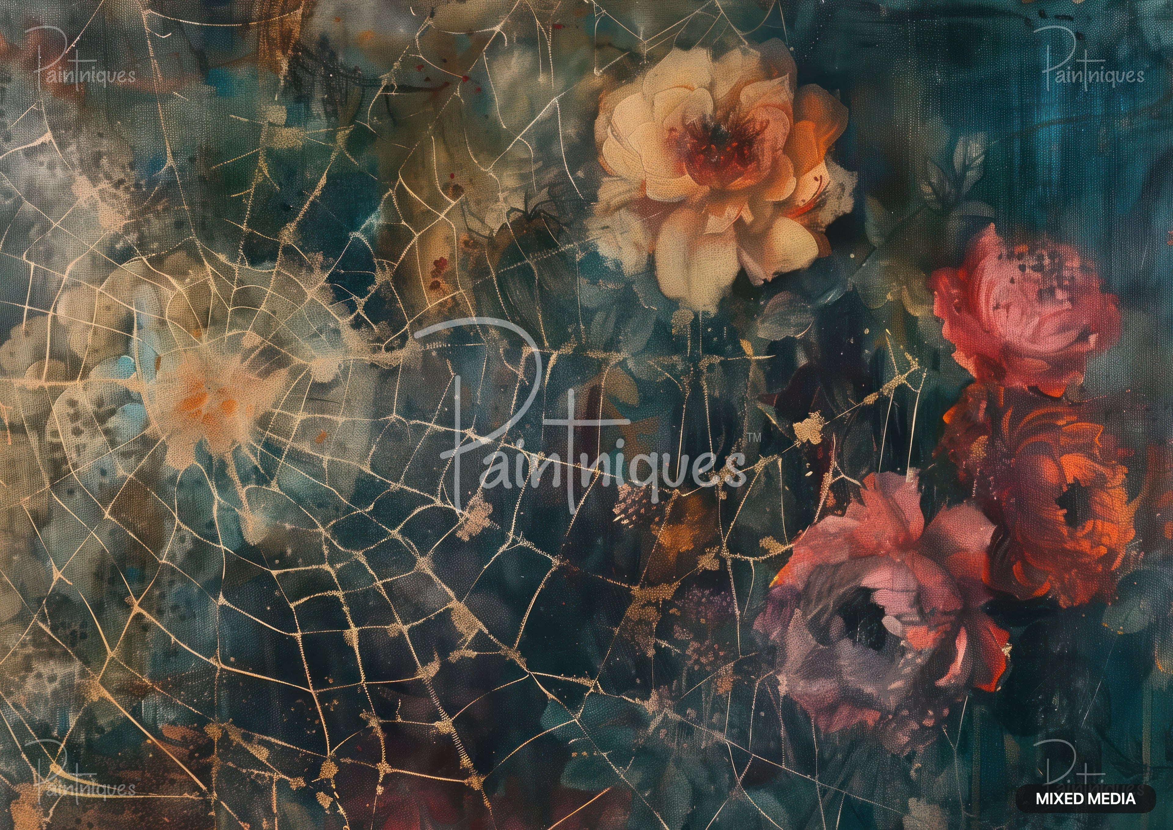 Distressed dark floral pattern with orange and red roses and fine golden crackle lines across the surface.