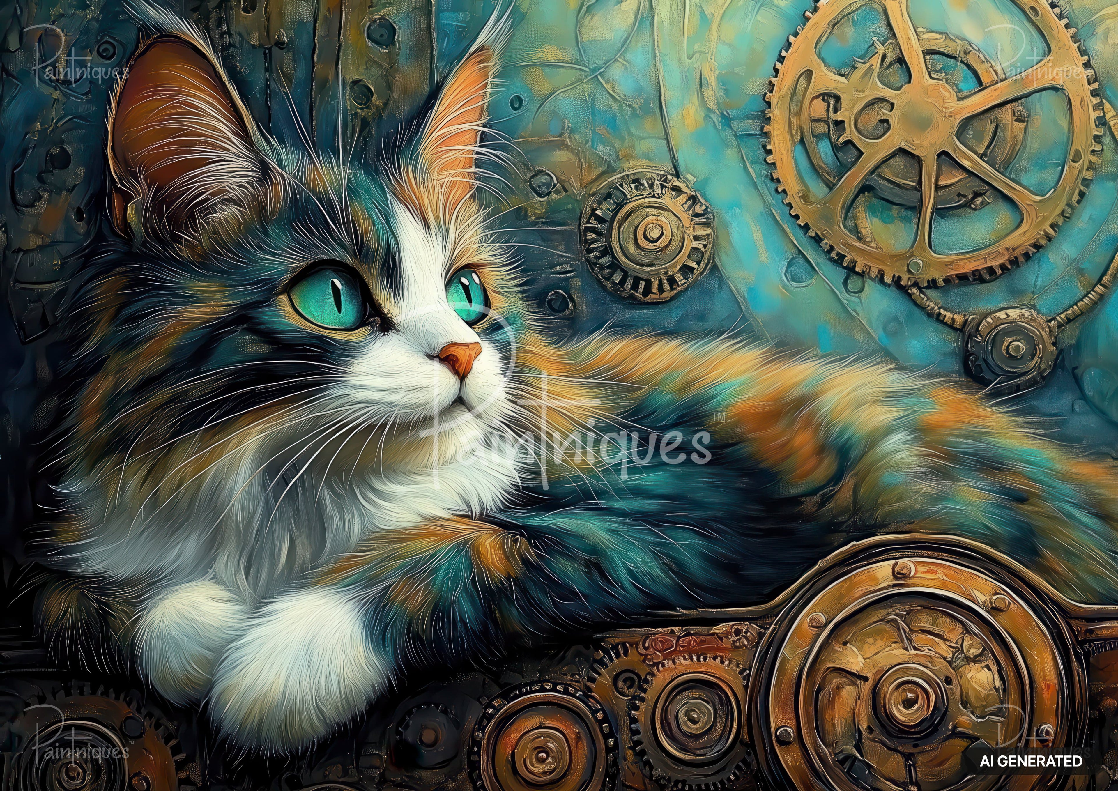 Artistic cat with bright green eyes and multi-colored fur, against a teal steampunk background with brass gears.
