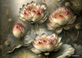 Five pink and white lotus flowers and buds with large green leaves on a soft gray-green background.