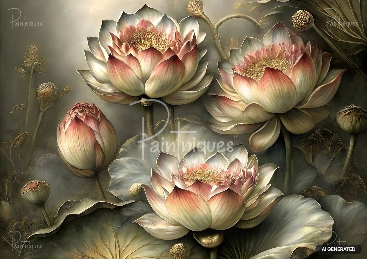 Five pink and white lotus flowers and buds with large green leaves on a soft gray-green background.