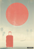 A suitcase in the foreground, with palm trees and a city skyline in the background, all bathed in the light of a large red sun.