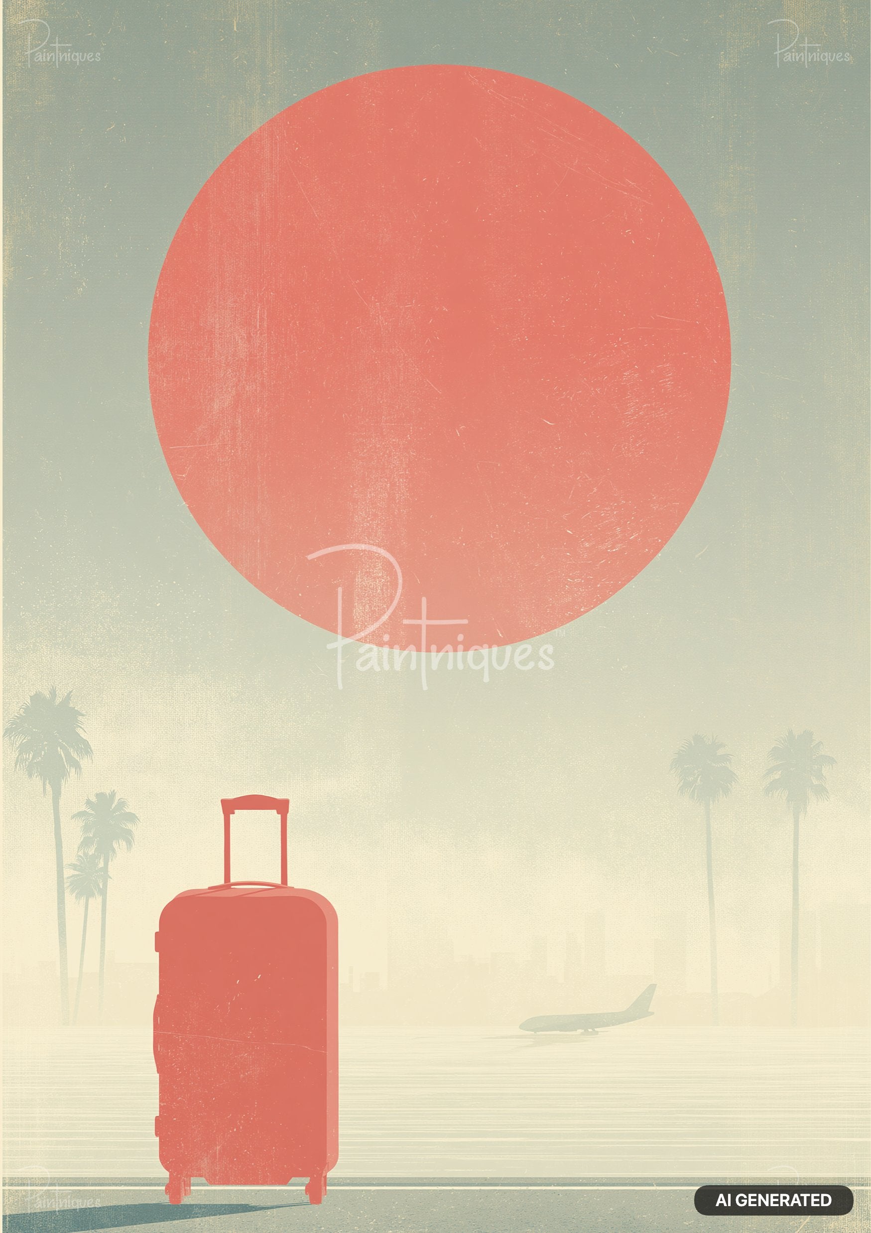 A suitcase in the foreground, with palm trees and a city skyline in the background, all bathed in the light of a large red sun.