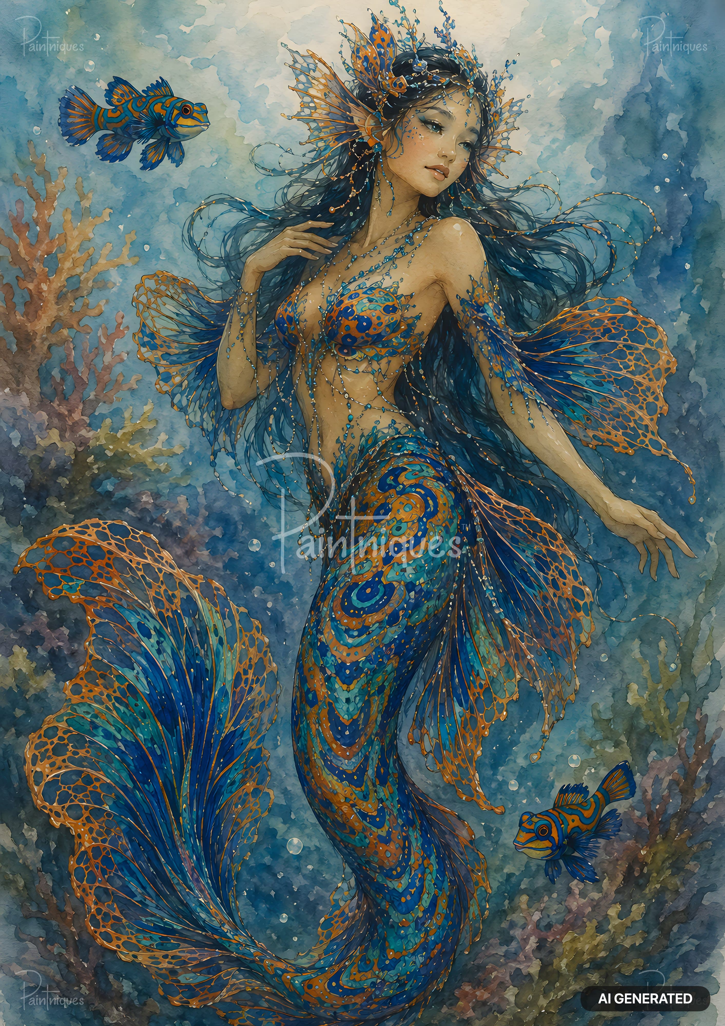 A mermaid in blue and gold with flowing hair and tail, surrounded by fish and coral in a watercolor style.