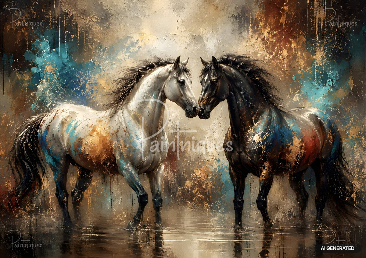 Abstract painting of two horses with textured strokes of gold, blue, and brown, standing in reflective water.