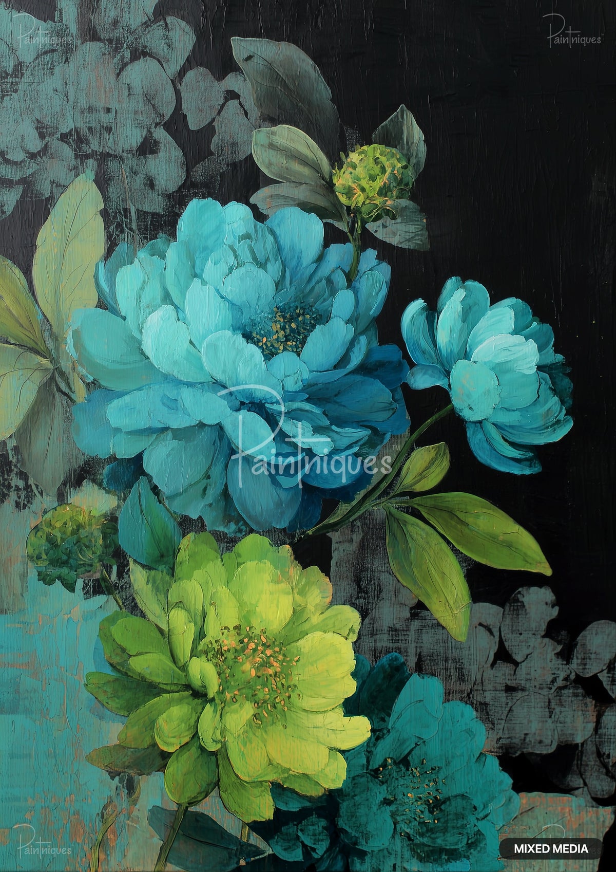 Abstract floral art with three large blue-green and one lime green flower with yellow centers, against a dark textured background.