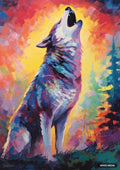 Abstract painting of a howling wolf created with brushstrokes of purple, pink, blue, green, and red against a yellow and orange sky.
