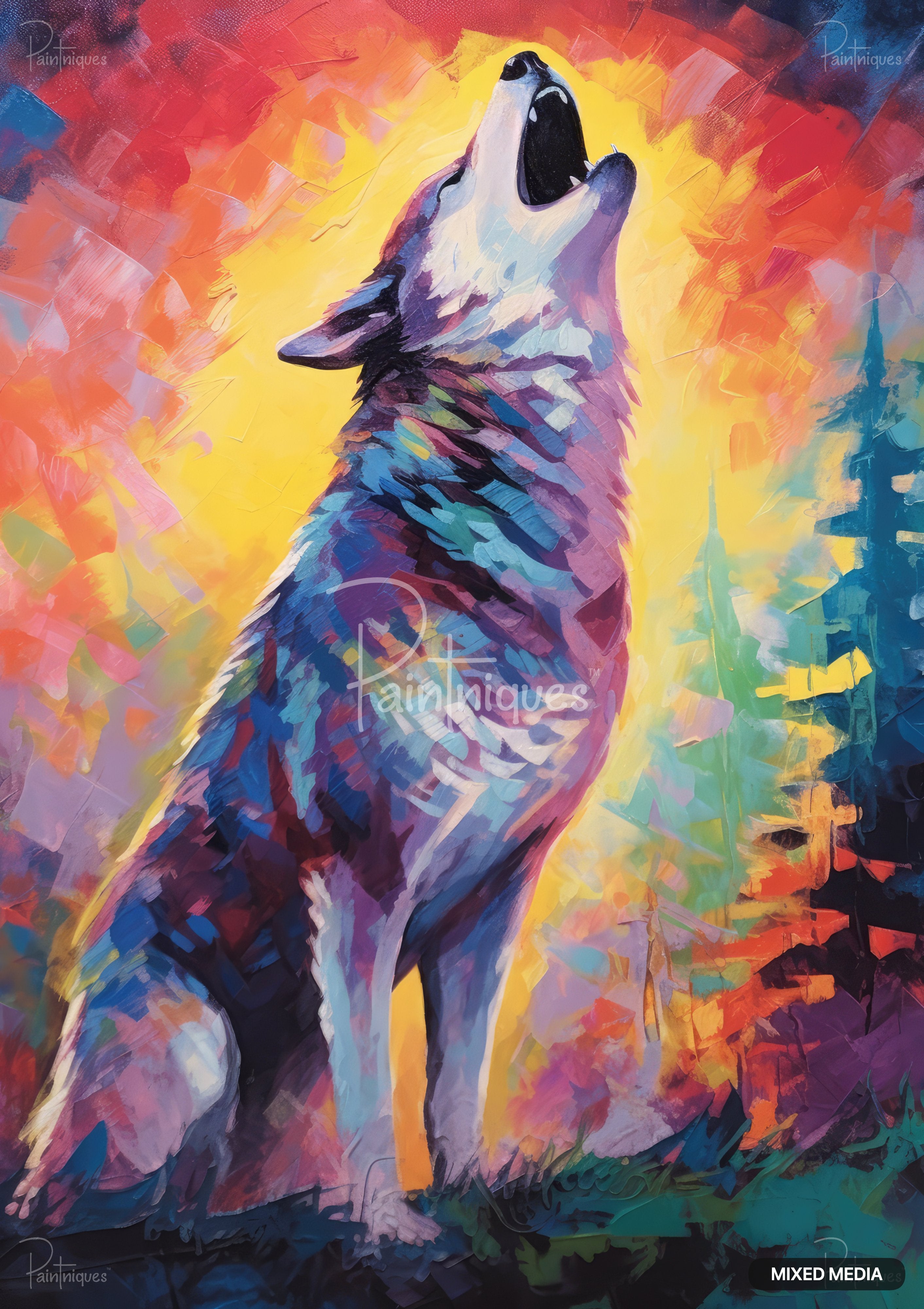 Abstract painting of a howling wolf created with brushstrokes of purple, pink, blue, green, and red against a yellow and orange sky.