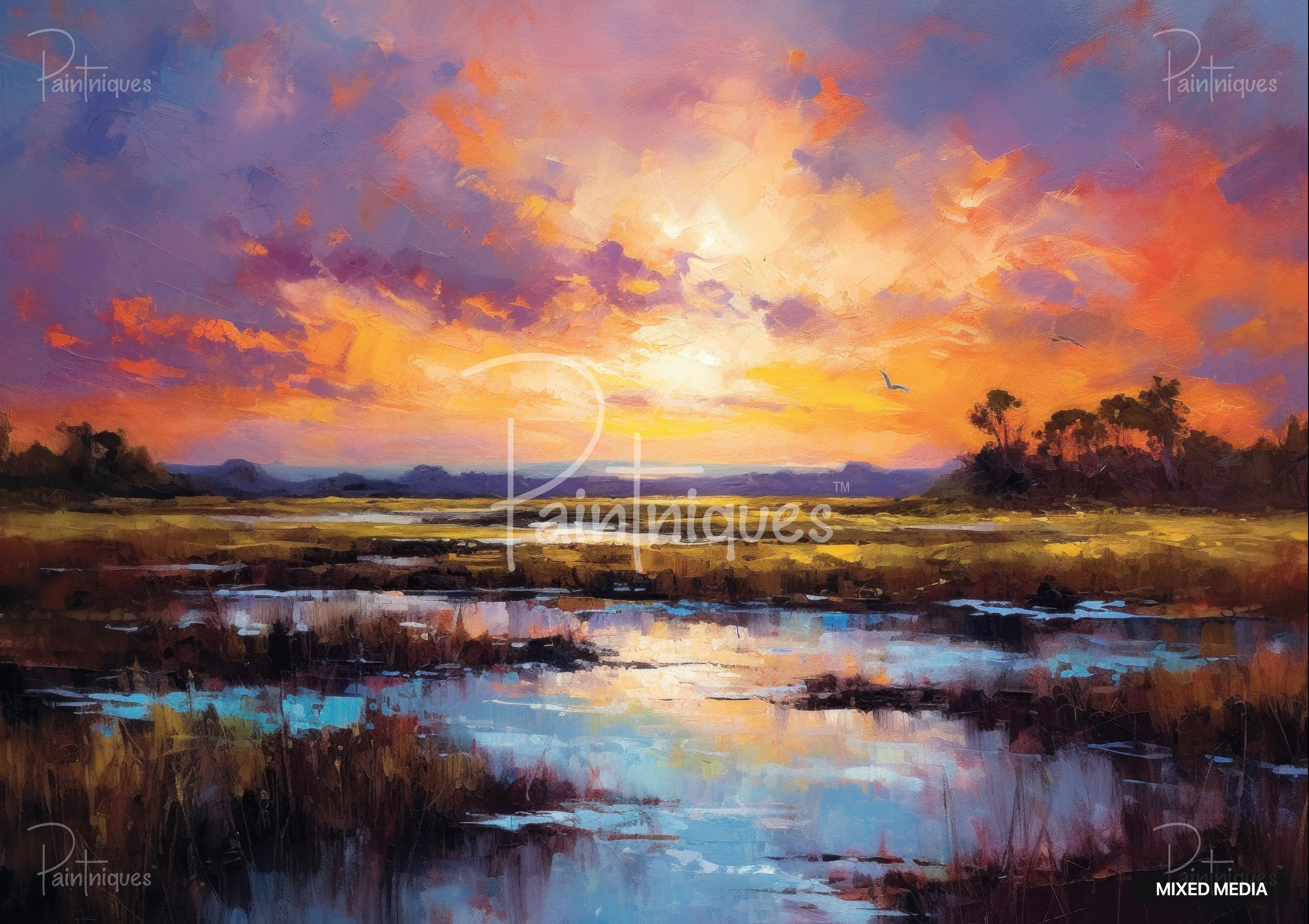 An impressionistic painting of a marsh at sunset, with an orange and purple sky reflecting in the water.