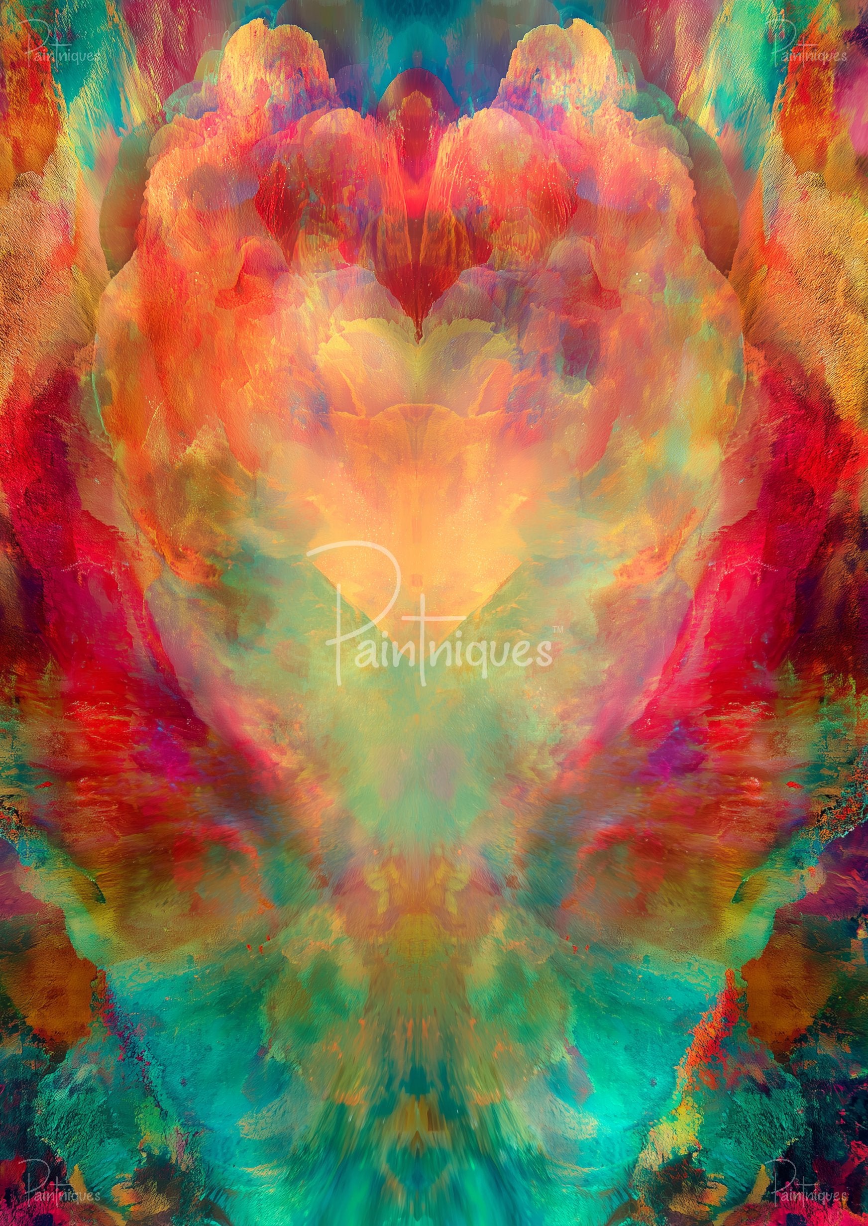 Symmetrical abstract watercolor bloom in fiery oranges, pinks and teal with mirrored textures and a faint watermark.