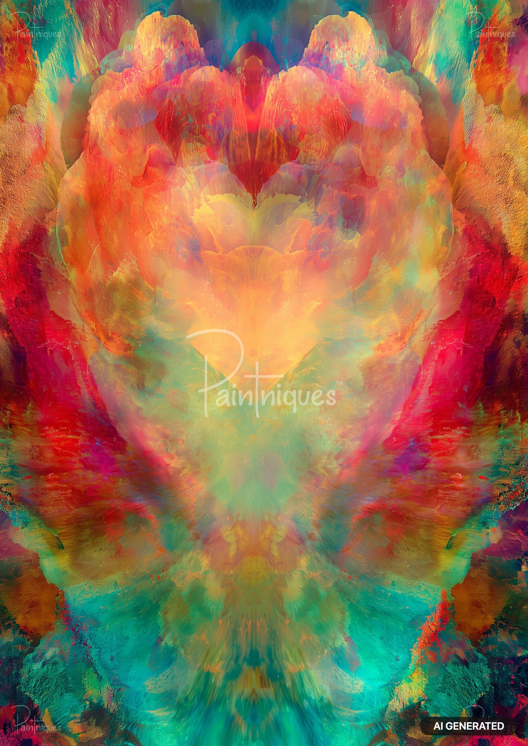 An abstract pattern of varied colors, predominantly orange, red, green, and blue, with fluid, textured shapes.