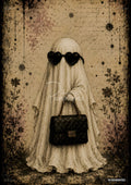 A ghost in heart-shaped sunglasses holding a quilted purse against a vintage, distressed floral background.