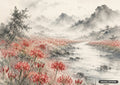 Watercolor painting of a mountain river winding through fields of red spider lilies. Birds fly under a cloudy sky.