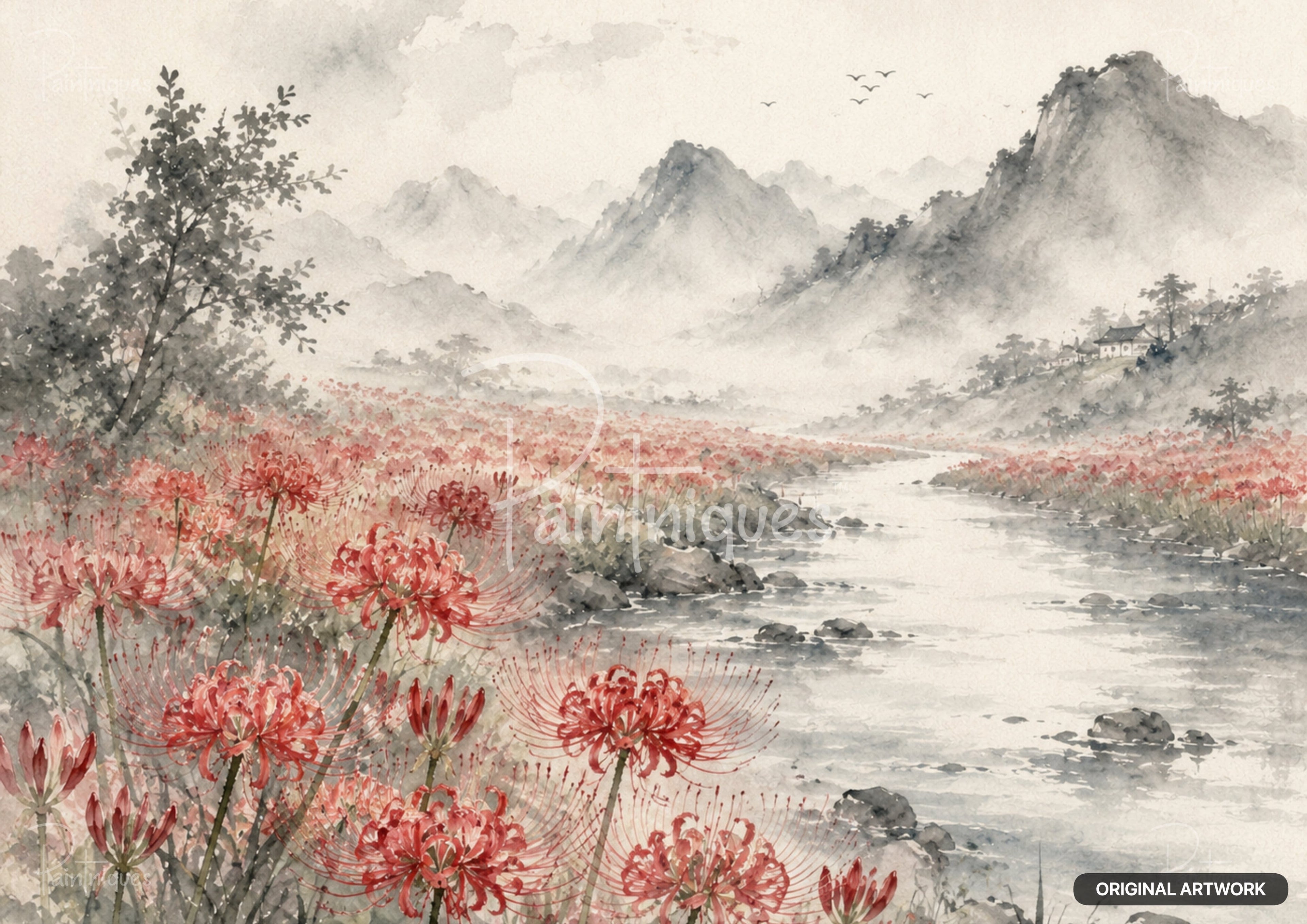 Watercolor painting of a mountain river winding through fields of red spider lilies. Birds fly under a cloudy sky.