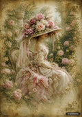 Watercolor painting of a lady in a wide-brimmed hat covered with pink and cream flowers, seated in a rose garden.