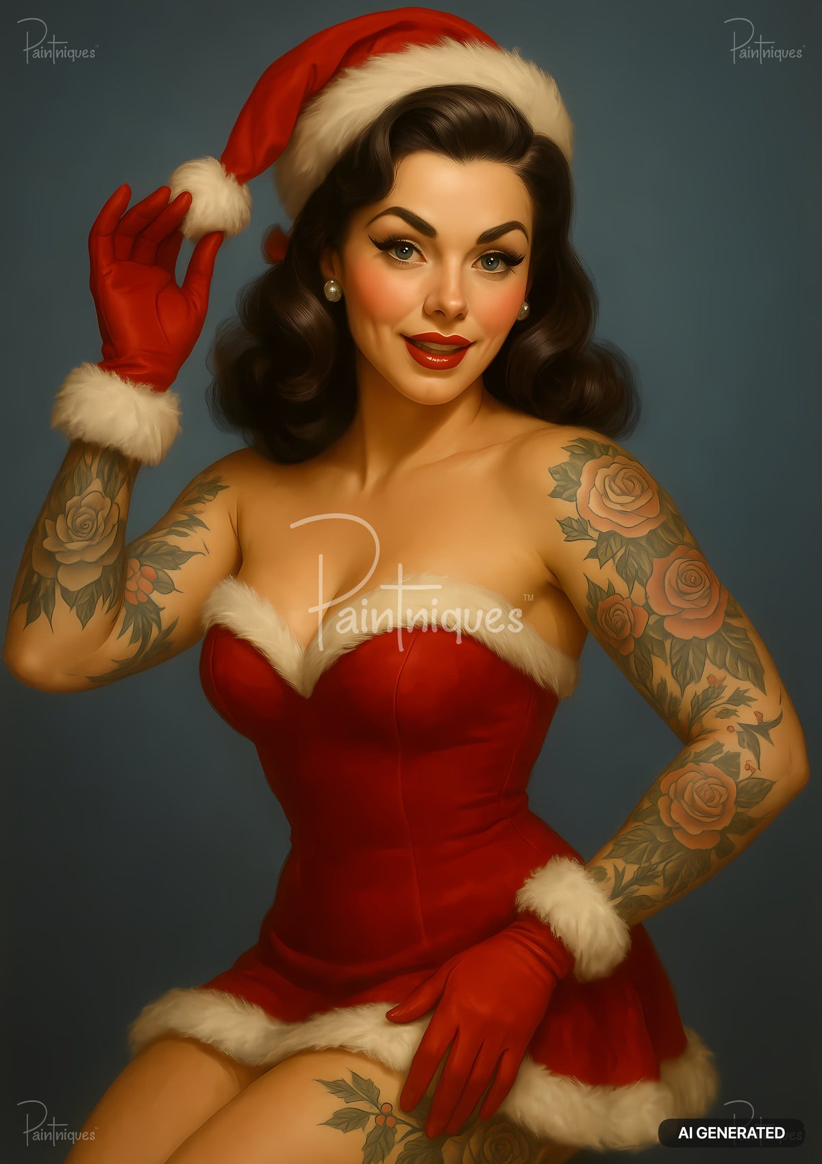 Vintage pin-up woman with rose tattoos wearing a red Santa dress, hat, and gloves on a blue background.