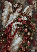 Angel with feathered wings holding holiday greenery, pomegranates, red berries, and hanging Christmas ornaments.