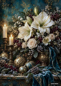 White amaryllis, roses, lit candles in brass holders, and ornate holiday ornaments displayed on a snowy surface.