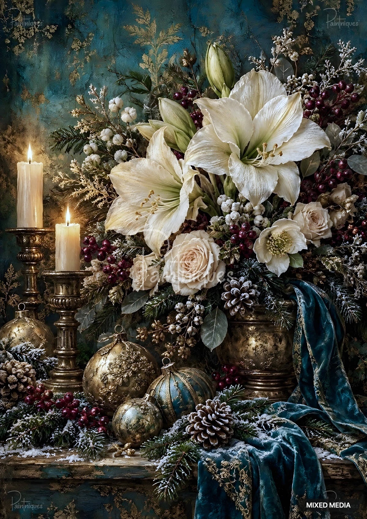 White amaryllis, roses, lit candles in brass holders, and ornate holiday ornaments displayed on a snowy surface.