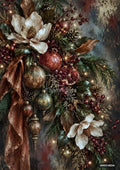 Festive swag of white magnolias, pomegranates, berries, evergreen branches, glowing lights, and bronze ornaments.