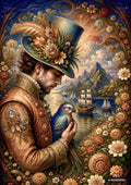 A man in an ornate hat and coat holding a colorful parrot, with ships on water, mountains, and flowers framing the scene.