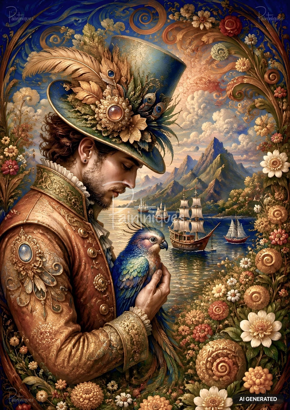 A man in an ornate hat and coat holding a colorful parrot, with ships on water, mountains, and flowers framing the scene.
