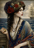 Painting of a woman in an ornate hat with red roses, looking right toward a sailing ship on a turbulent sea.