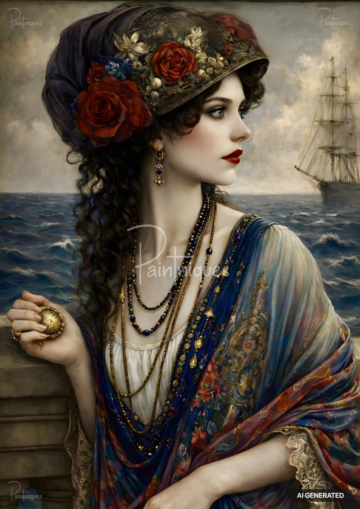 Painting of a woman in an ornate hat with red roses, looking right toward a sailing ship on a turbulent sea.