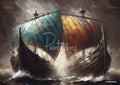 Two ships with colorful, textured sails, one teal, one gold and purple, face each other on rough, stormy seas.