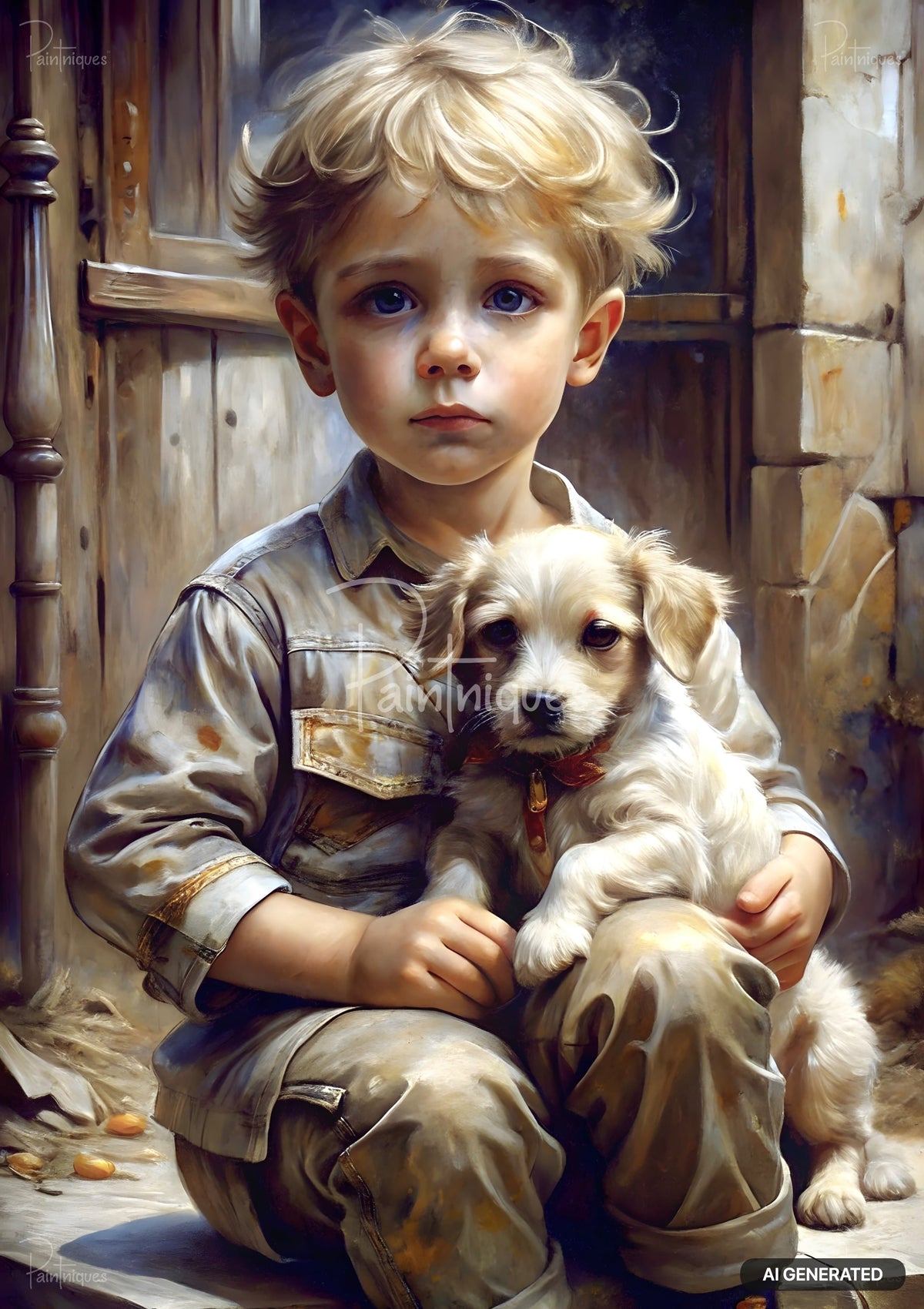 Painting of a blond boy with blue eyes, holding a white fluffy puppy with a red collar, against a wooden background.