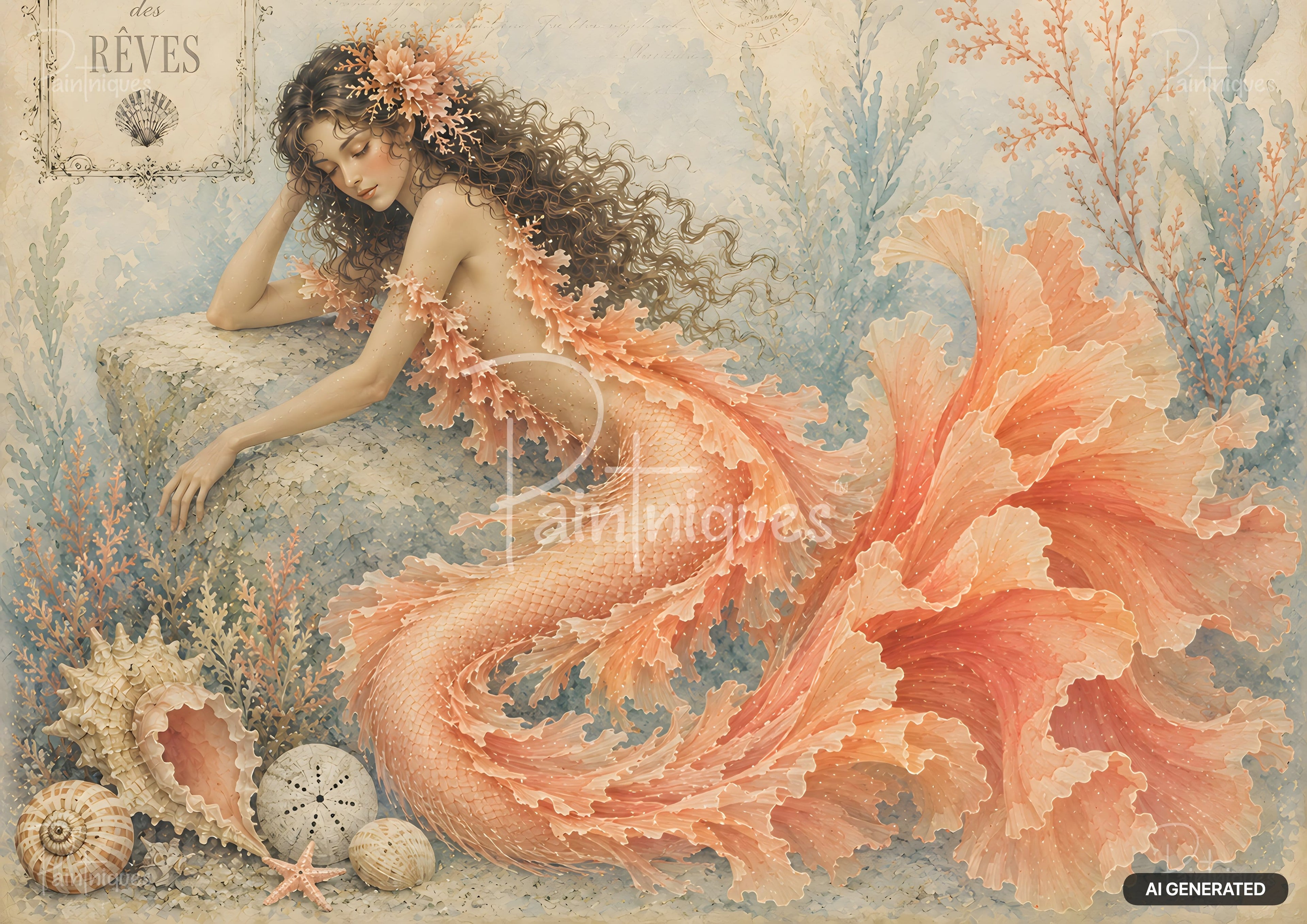 A watercolor painting of a sad reclining mermaid with coral-like scales and flowing hair against a soft blue and green background with shells on the floor.