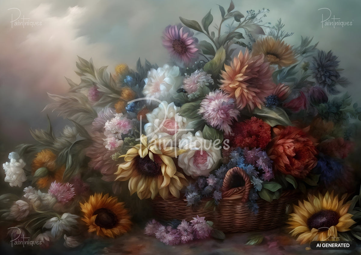 A basket overflowing with diverse colorful flowers, including sunflowers, dahlias, peonies, and mums, in an oil painting style.