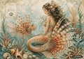 A mermaid with long wavy brown hair, an orange scaly tail, and an ornate headdress, facing a lionfish.