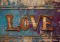 The word "LOVE" in distressed orange letters, against a background of cracked, peeling blue and purple paint.