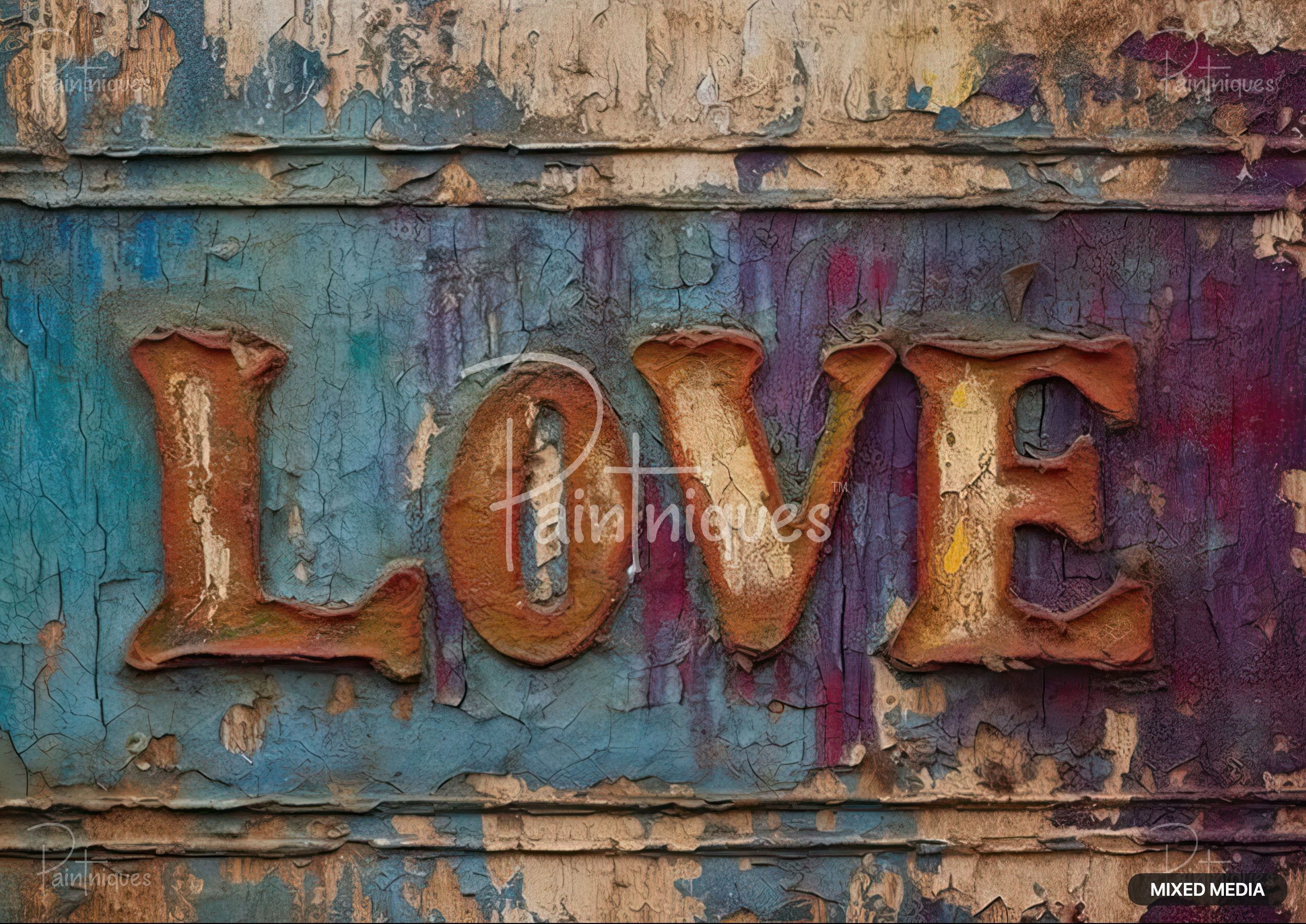 The word "LOVE" in distressed orange letters, against a background of cracked, peeling blue and purple paint.