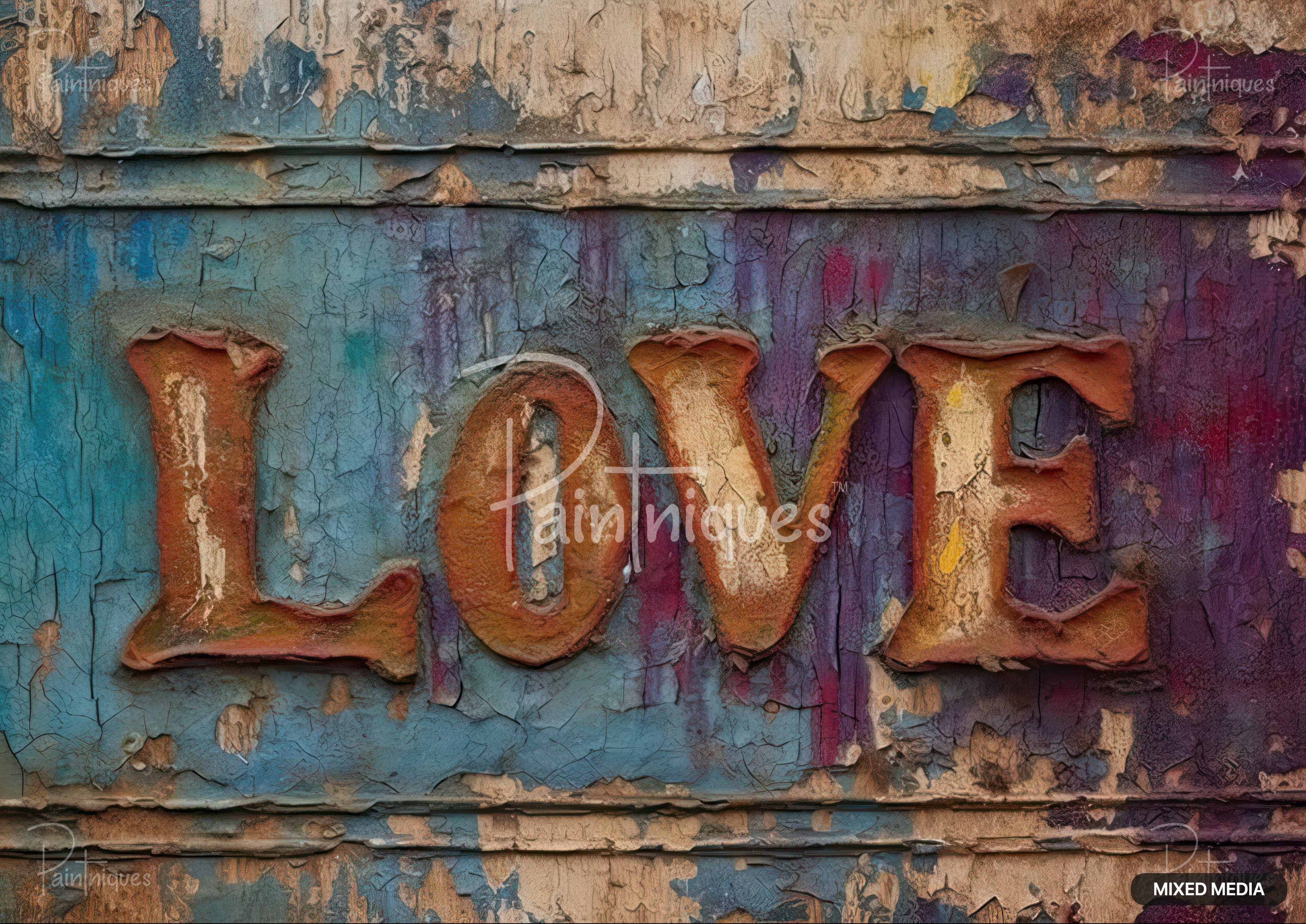 "LOVE" in distressed orange block letters, on a cracked blue, purple, red, and beige painted wood background.