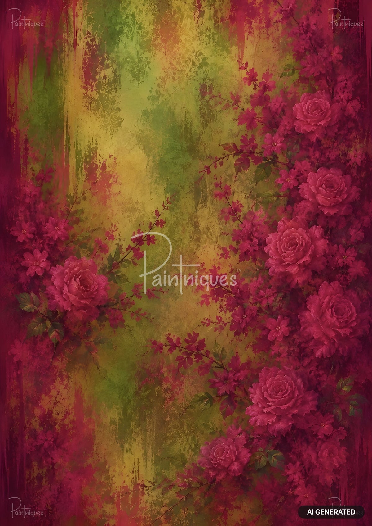 Vibrant abstract background with textured green and yellow, overlaid with painterly fuchsia flowers and foliage.