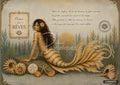 An elegant mermaid with a gold and white tail sits surrounded by seashells and sea plants.