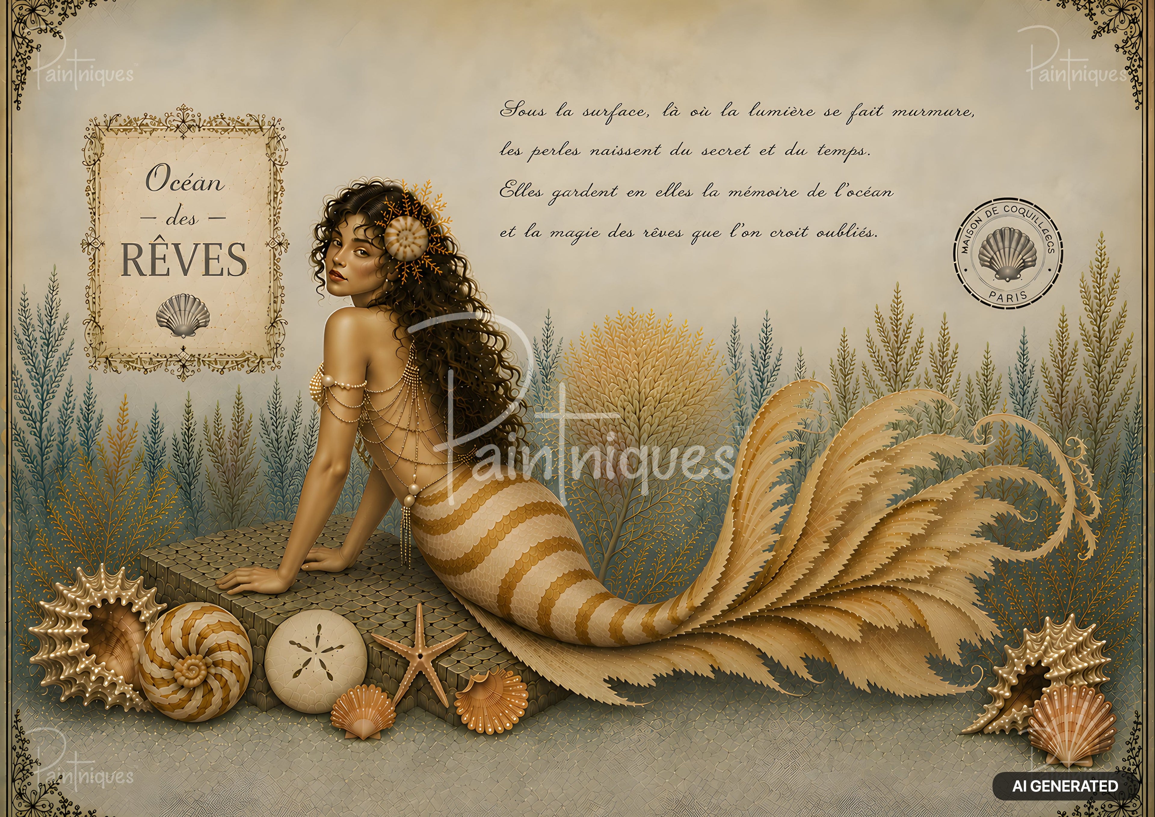 An elegant mermaid with a gold and white tail sits surrounded by seashells and sea plants.