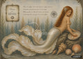 Mermaid with red hair and pearl jewelry, sitting on a rock, holding a shell with a pearl, in a sea garden.