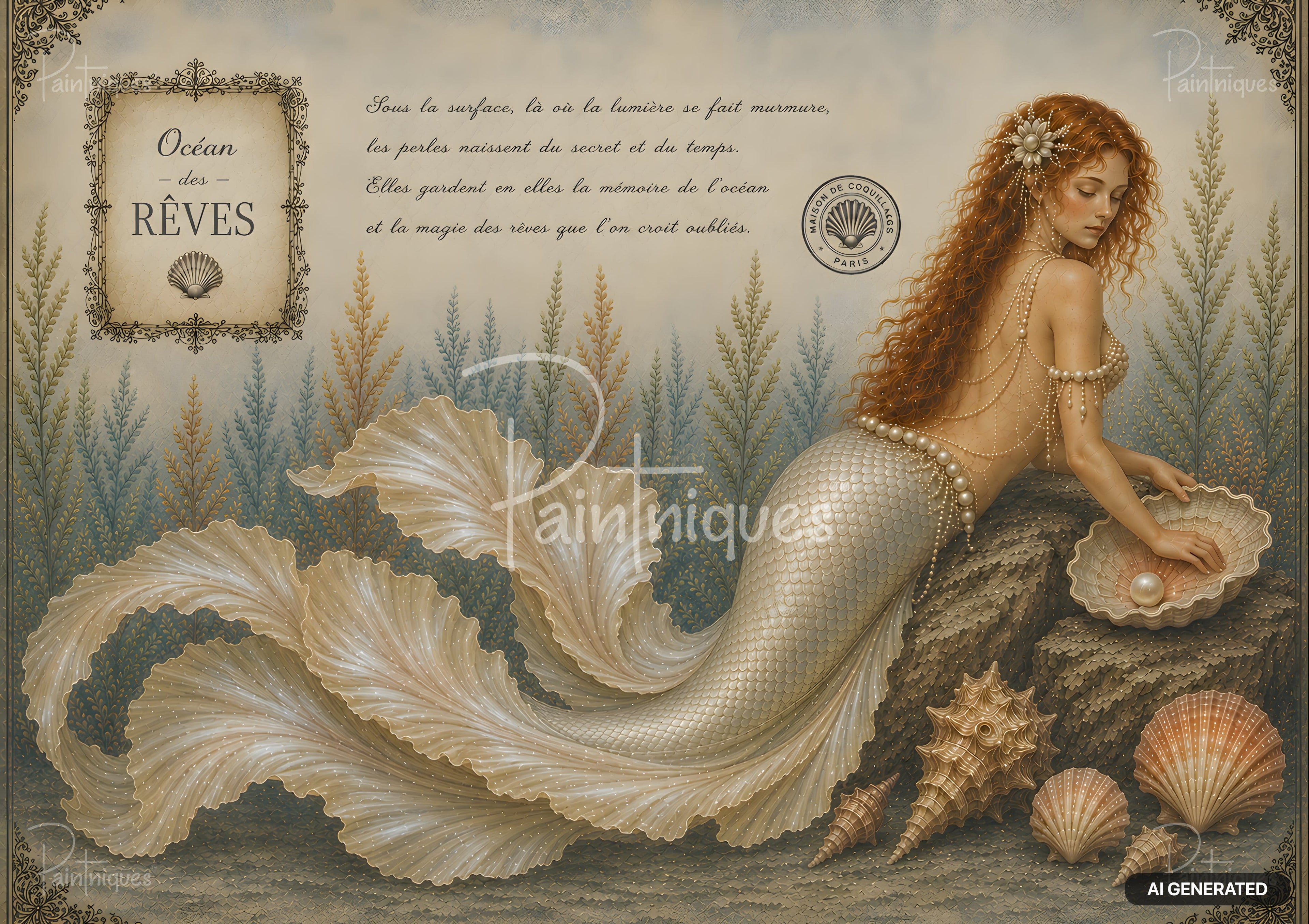 Mermaid with red hair and pearl jewelry, sitting on a rock, holding a shell with a pearl, in a sea garden.
