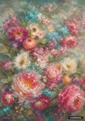 Oil painting of a lush floral bouquet with pink, white, peach, and blue blossoms against a soft, muted background.